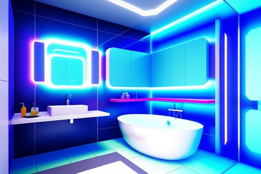 The interior of a modern futuristic bathroom in bright colors