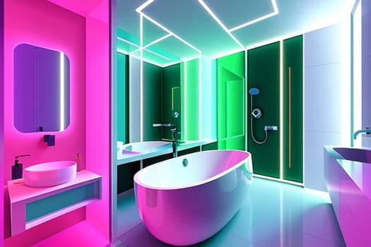 The interior of a modern futuristic bathroom in bright colors