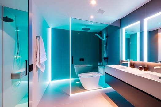 The interior of a modern futuristic bathroom in bright colors