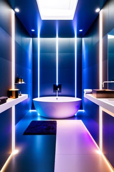 The interior of a modern futuristic bathroom in bright colors