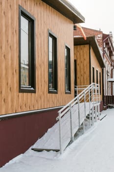 Building and houses in winter season. Snow in city and town architecture concept