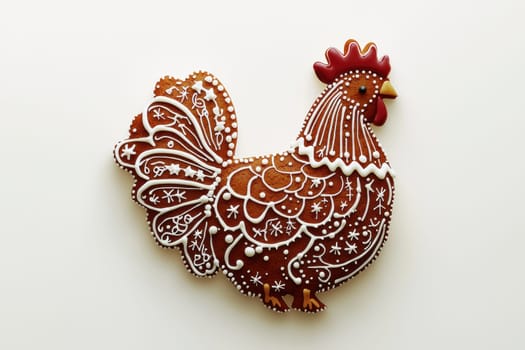 A beautifully crafted gingerbread cookie shaped like a chicken is perfect for festive events and gatherings