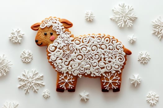 Gingerbread sheep, creatively decorated for winter, are joyfully surrounded by charming snowflakes for festive cheer