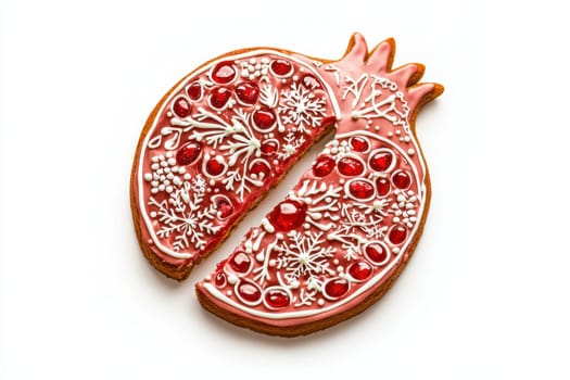 A beautifully designed pomegranateshaped cookie that showcases intricate icing and delightful decorations all over it