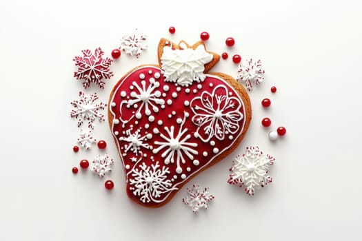 A vibrant gingerbread cookie decorated with red icing and festive toppings, perfect for celebrations.