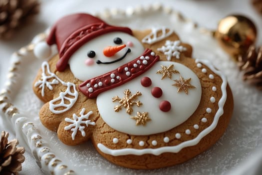 A delightful gingerbread cookie shaped like a cheerful snowman, beautifully decorated for festive celebrations