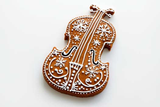 Charming gingerbread violin shaped cookie, beautifully decorated with white icing and festive designs.