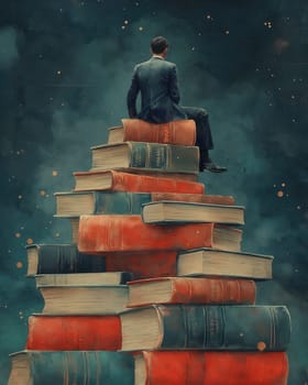 A man sits on top of a tower of books symbolizing knowledge and education. Selective focus.