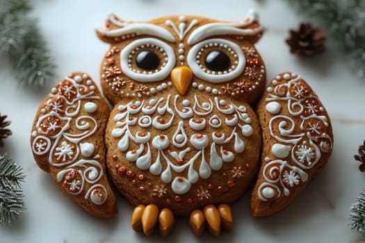 A beautifully decorated owl gingerbread cookie, perfect for festive celebrations and holiday baking.