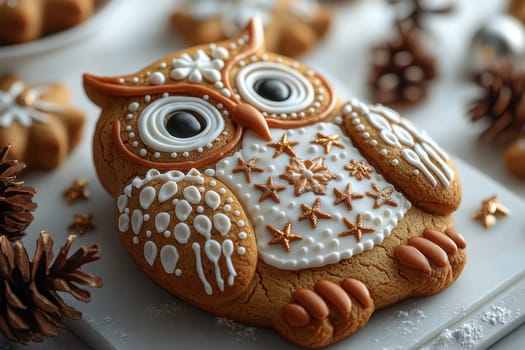 This festive owlshaped gingerbread cookie is beautifully adorned with colorful icing for the holidays