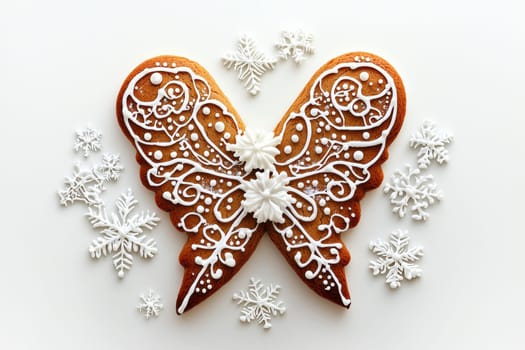 An exquisitely and intricately designed gingerbread butterfly surrounded by delightful snowy decorations
