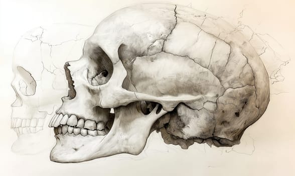 Monochrome drawing of human skull. Selective focus.
