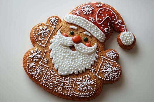 A beautifully decorated gingerbread cookie shaped like Santa Claus, perfect for delightful Christmas treats