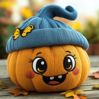 3d knitted smiling pumpkin with eyes on a blurred background. Selective focus.