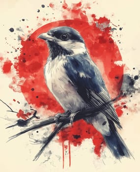 Creative painting of a bird against a red sun. Selective focus.