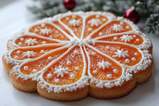 A beautifully decorated orange cake that is artistically adorned with intricate icing and delightful festive touches