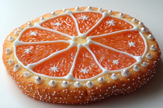 A vibrant citrusthemed cookie with intricate icing and colorful sprinkles, perfect for festive occasions