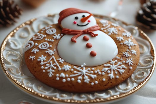 A beautifully decorated snowman gingerbread cookie, perfect for winter celebrations and festivities