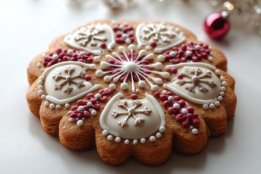 A festive gingerbread cookie adorned with intricate icing and delightful decorations for everyone to enjoy