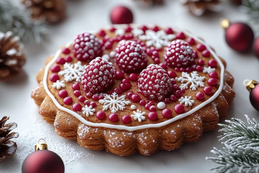 A beautifully decorated holiday dessert that features vibrant berries, intricate snowflakes, and festive colors