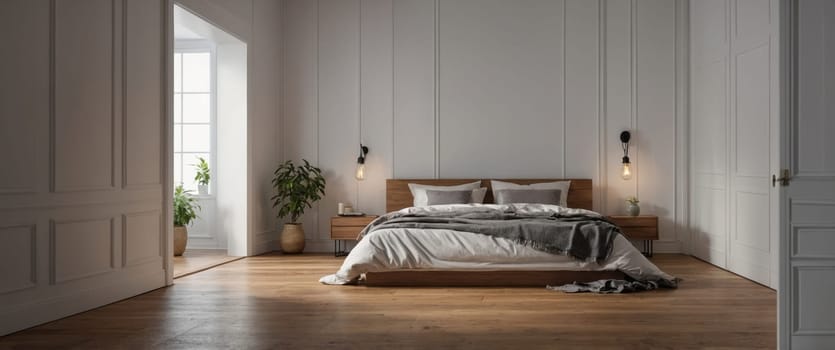 The bedroom features a large bed adorned with a white duvet and gray blanket, complemented by two nightstands with lamps. The hardwood floor and two doors enhance the cozy space.