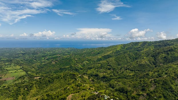 Aerial view of rural area with agricultural land and rice fields in the tropics. Negros, Philippines