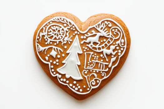 A heartshaped gingerbread cookie, beautifully crafted and decorated with festive icing and holiday motifs