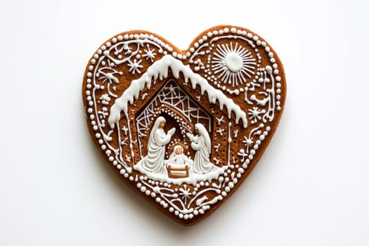 A beautifully decorated gingerbread cookie showcasing an intricately designed festive Nativity scene thats delightful