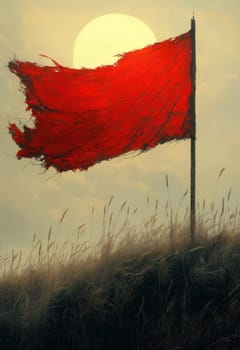 Illustration of a red flag waving in a field against the sun. Selective focus.