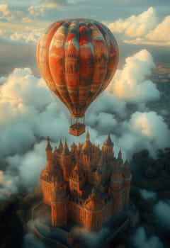 A hot air balloon flies over a majestic castle. Selective focus.