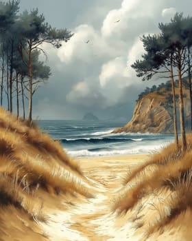 Watercolor, path leading to the beach. Selective focus.