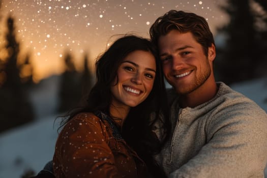 A joyful moment of couple sharing embrace in snowy landscape, surrounded by sparkling lights