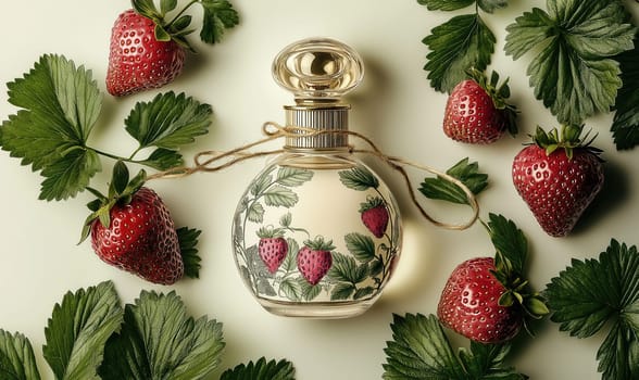 A bottle of perfume surrounded by strawberry leaves. Selective focus.