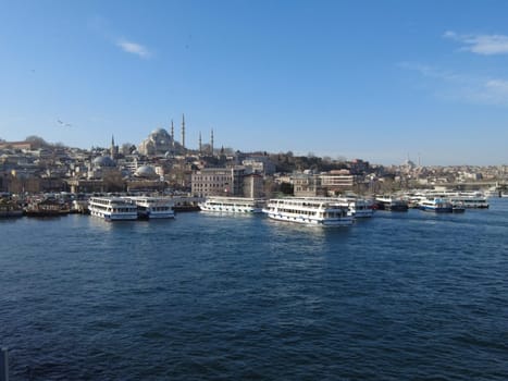 Istanbul , Turkey - 10 10 2023: Crowds of busy people at the Eminonu ferry pier Golden horn Istanbul . High quality FullHD footage
