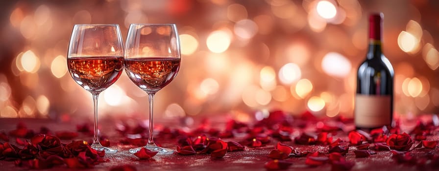 A romantic scene with two wine glasses clinking together, surrounded by rose petals and bottle of wine