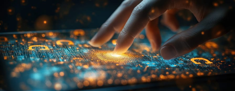 A hand entering login credentials on smartphone screen with glowing icons