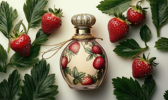 A bottle of perfume surrounded by strawberry leaves. Selective focus.