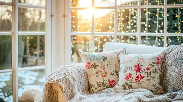 Colorful pillows on sofa against glass wall of window in a winter garden or conservatory. Interior textile concept. High quality photo