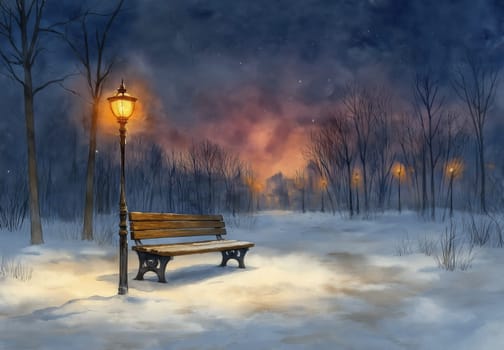 Watercolor, bench near a lantern in a winter park at night. Selective focus.