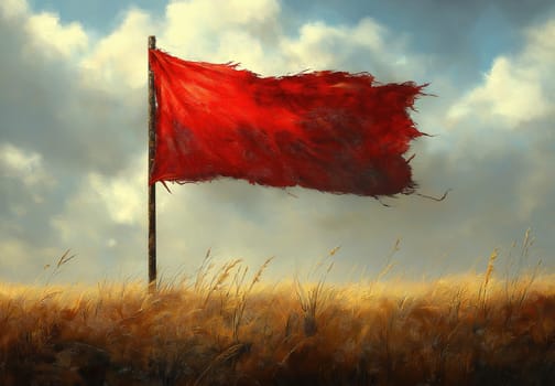 Illustration of a red flag waving in a field against the sun. Selective focus.
