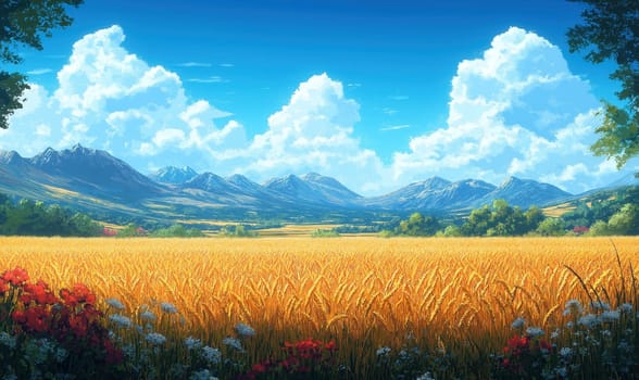 Illustration of a ripe wheat harvest in summer. Selective focus.