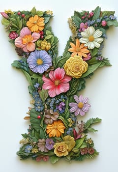 The letter Y of colorful flowers on a white background. Selective focus.