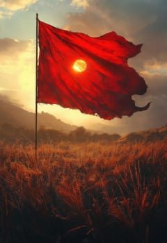 Illustration of a red flag waving in a field against the sun. Selective focus.