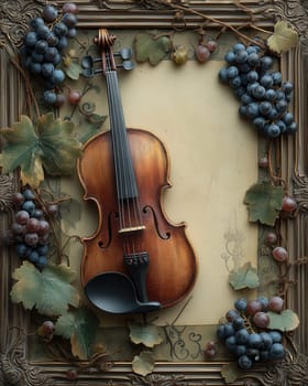 Light background with frame, violin and grapes. Selective focus.
