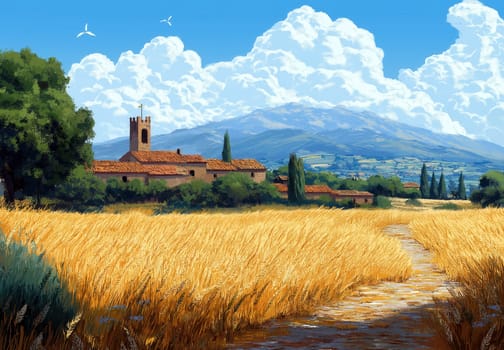 Illustration of a ripe wheat harvest in summer. Selective focus.