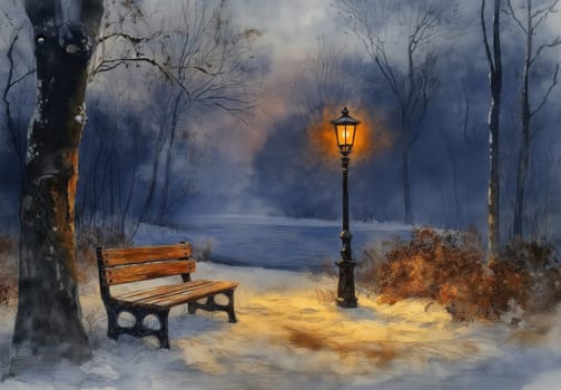 Watercolor, bench near a lantern in a winter park at night. Selective focus.