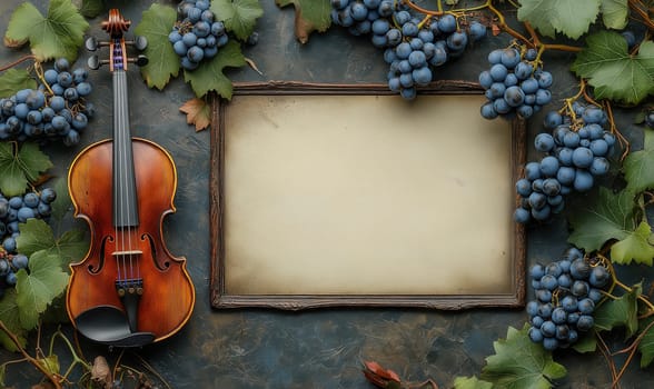 Light background with frame, violin and grapes. Selective focus.