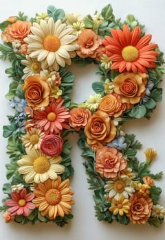 The letter R of colorful flowers on a white background. Selective focus.