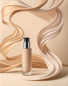 Foundation bottle against beige background with beige flowing silk fabric. Cosmetic product presentation mock up. Ai generated