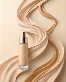 Foundation bottle on podium against beige background. Cosmetic product presentation mock up. Ai generated